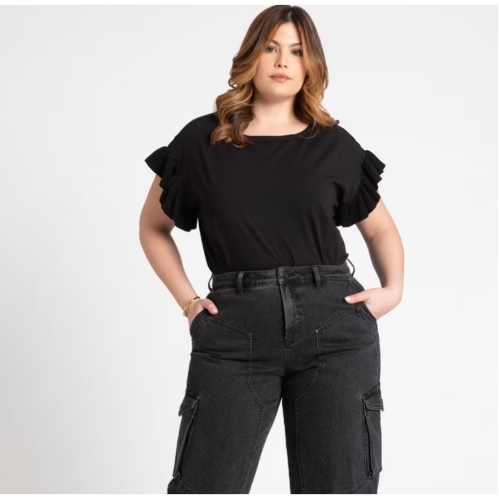 Eloquii‎ Fairygoth Top Size 22/24 Black Ruffle Sleeve Stretch Feminine Casual